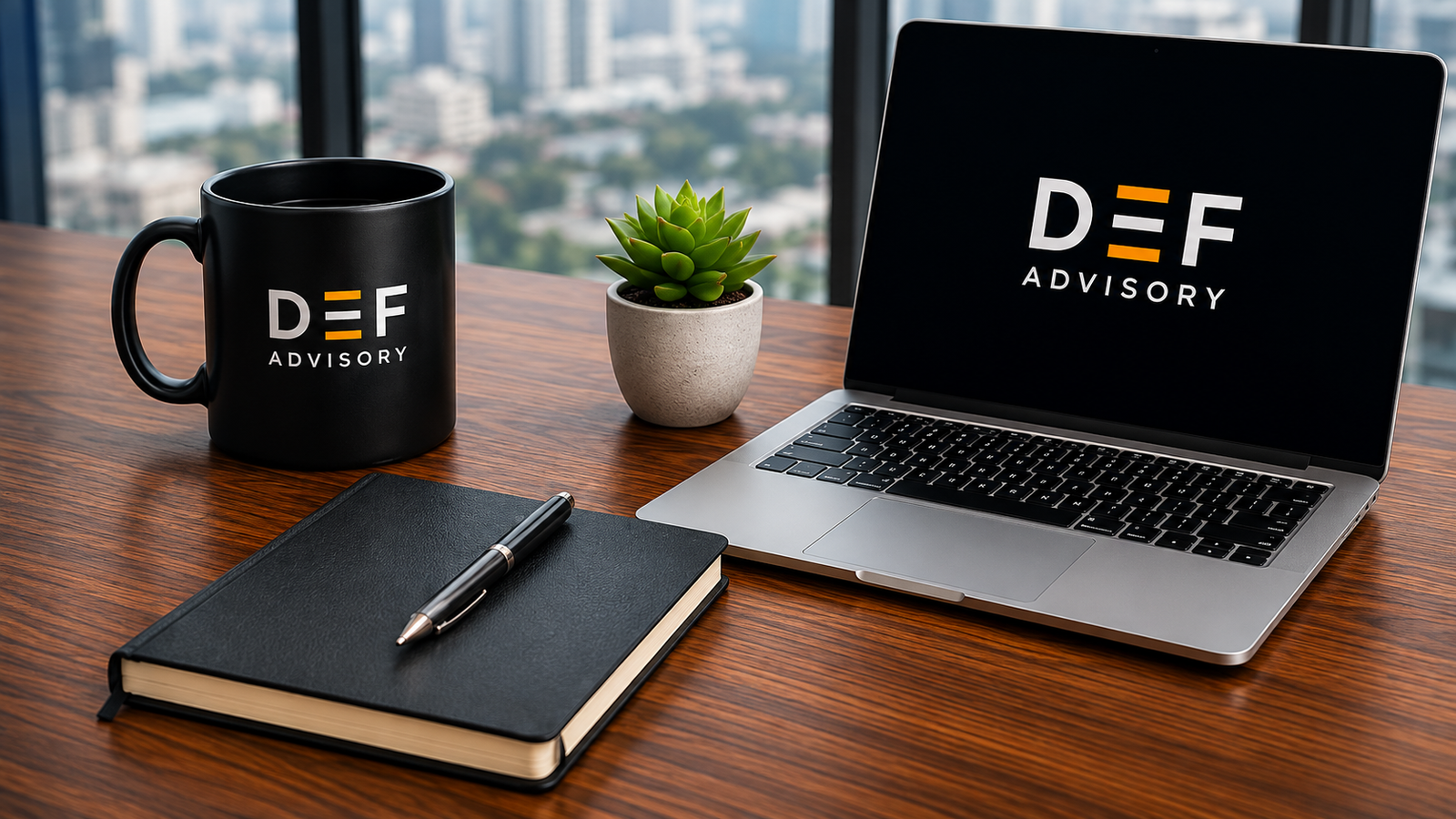 DEF Advisory workspace with a laptop, notebook and branded office mug