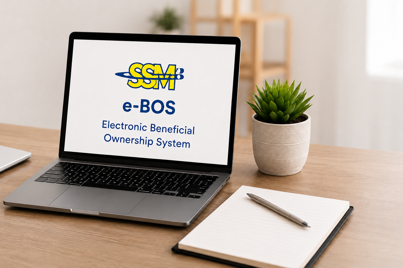 Laptop in a professional workspace displaying an electronic beneficial ownership concept
