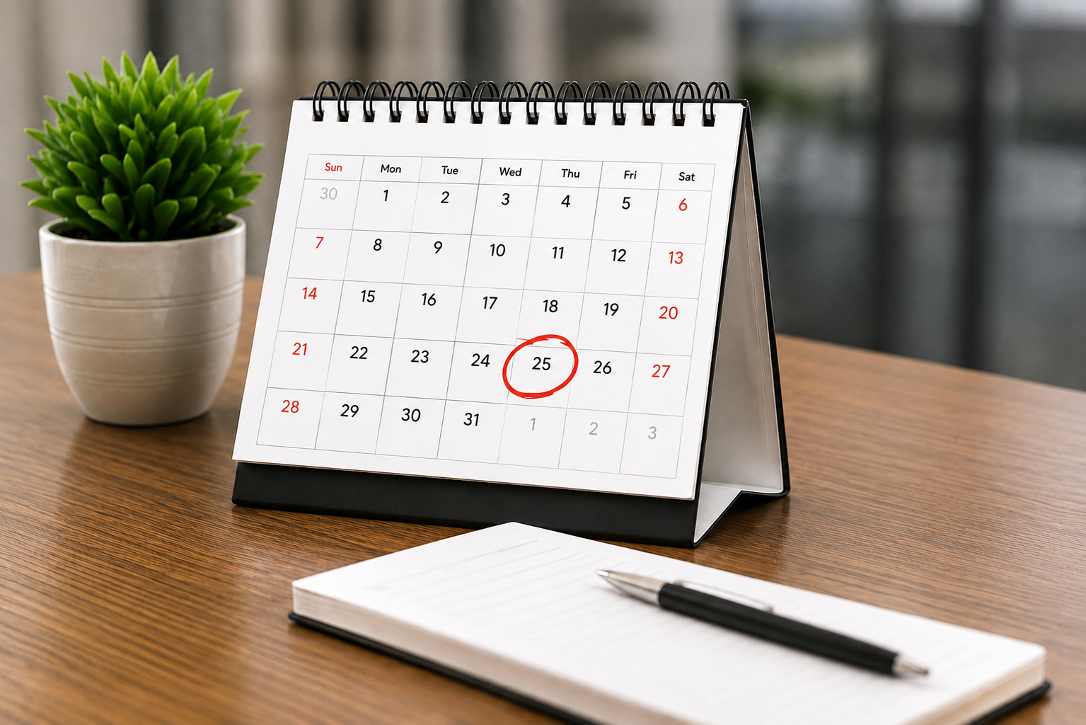 Desktop calendar with a marked date in a professional office