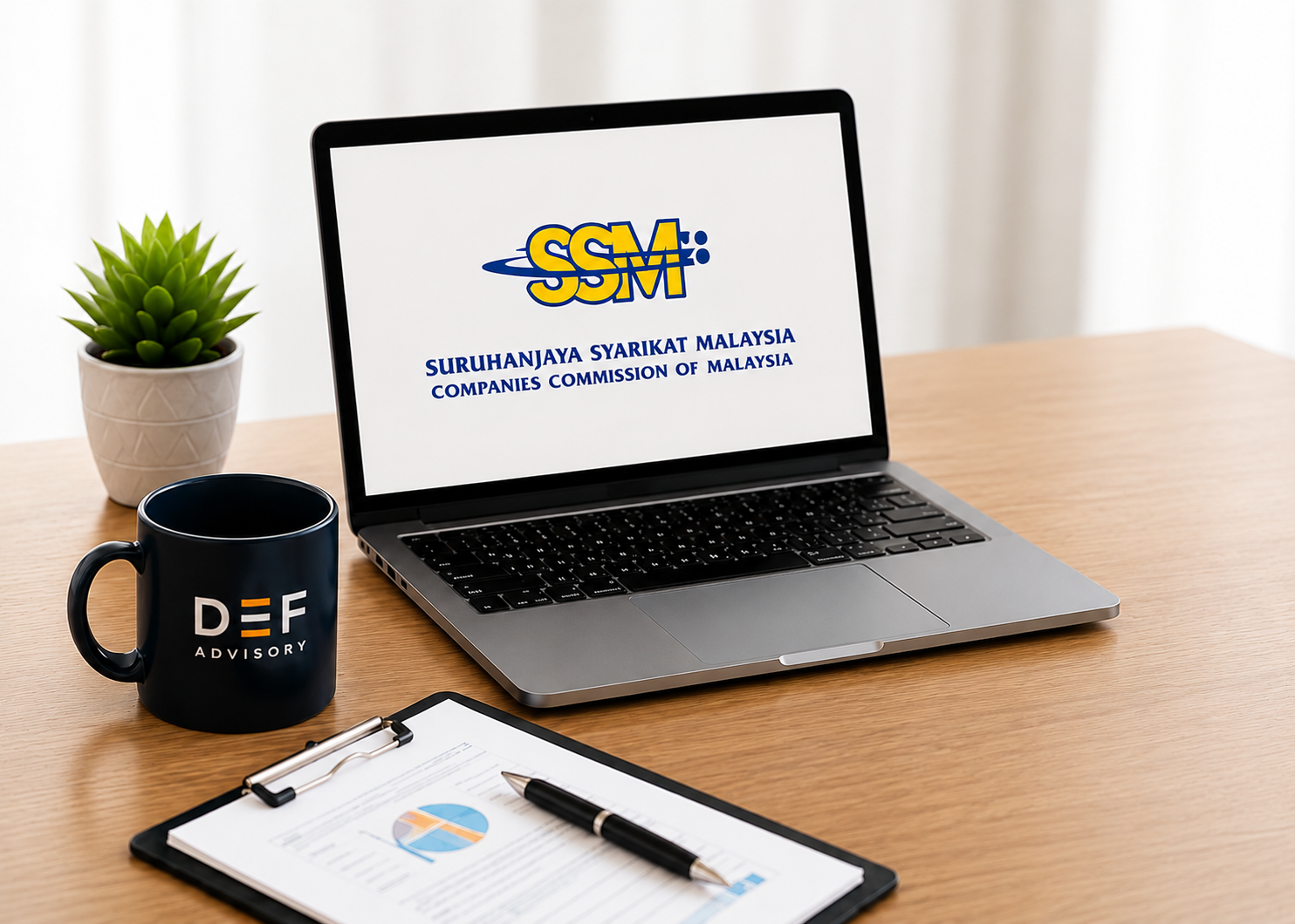 Professional workspace with a laptop, DEF Advisory mug and corporate documents