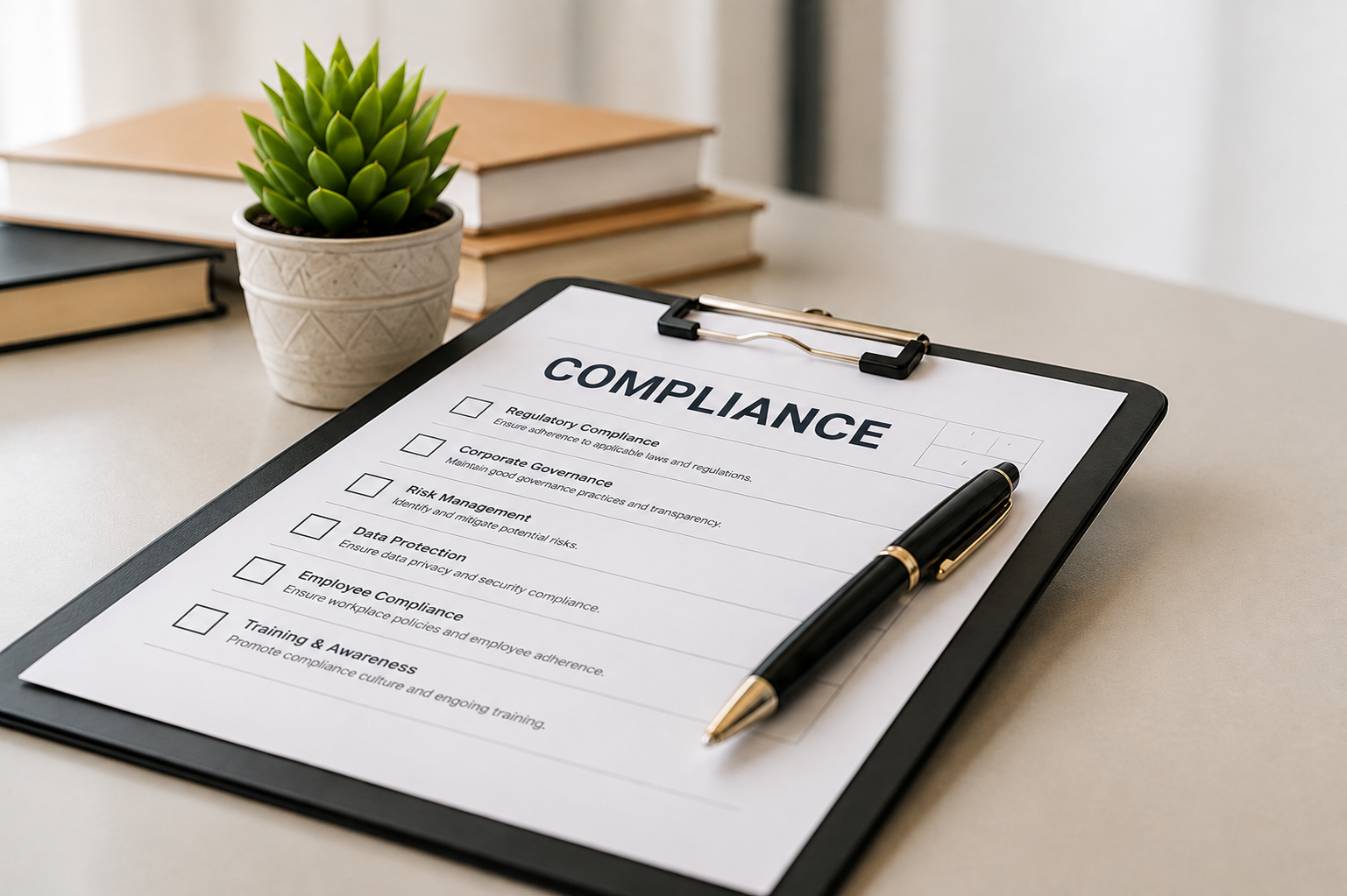Compliance checklist and pen on a professional office desk
