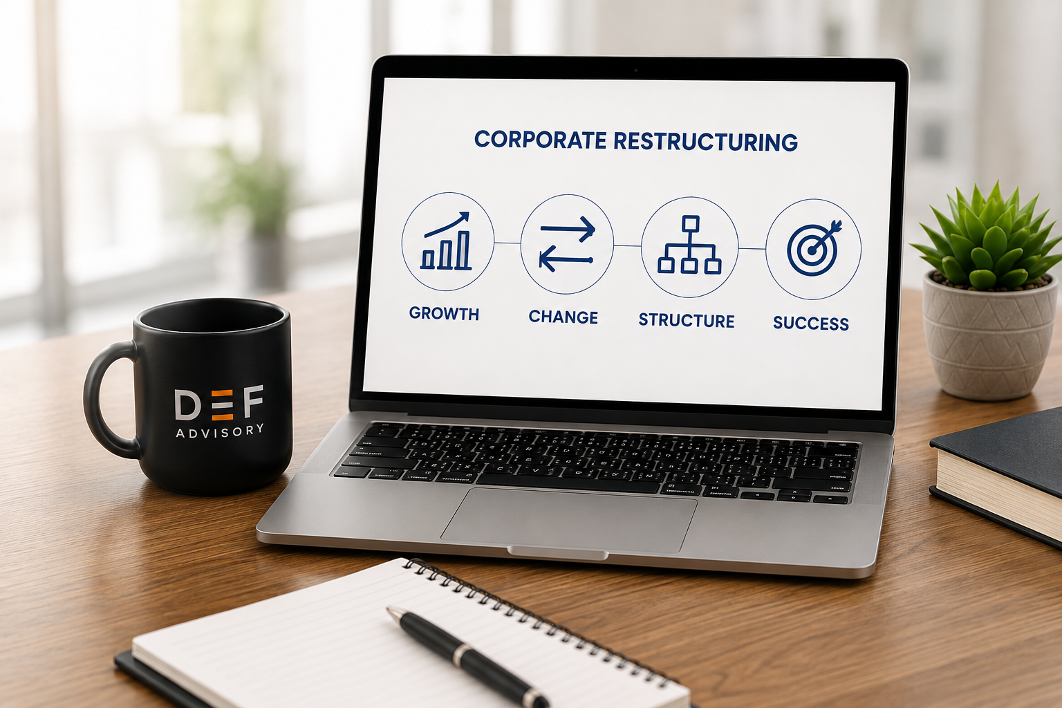 DEF Advisory workspace with a laptop illustrating growth, change, structure and success
