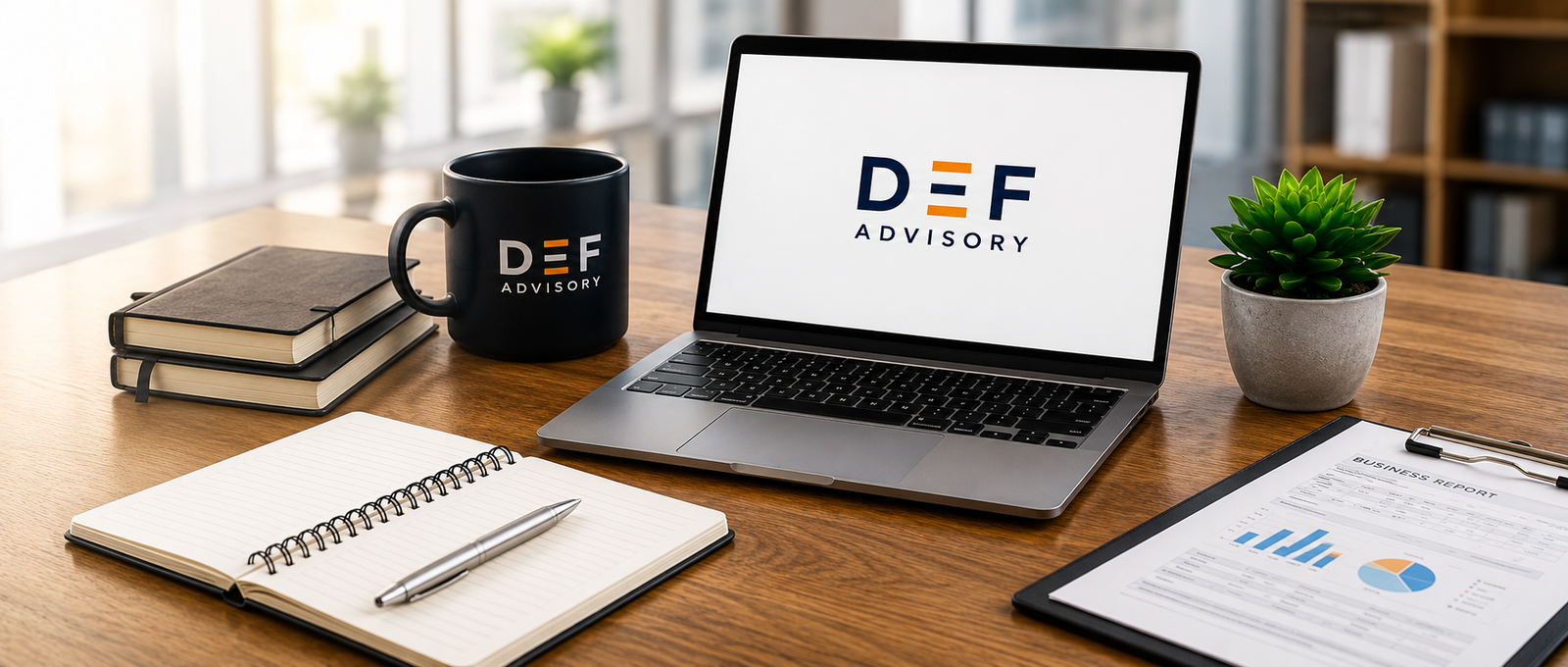 Professional DEF Advisory workspace with laptop, notebook and business documents