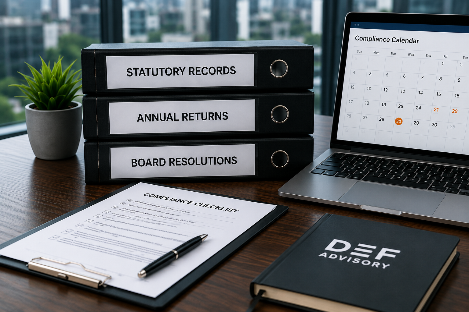Statutory records, compliance documents and a laptop in a professional office