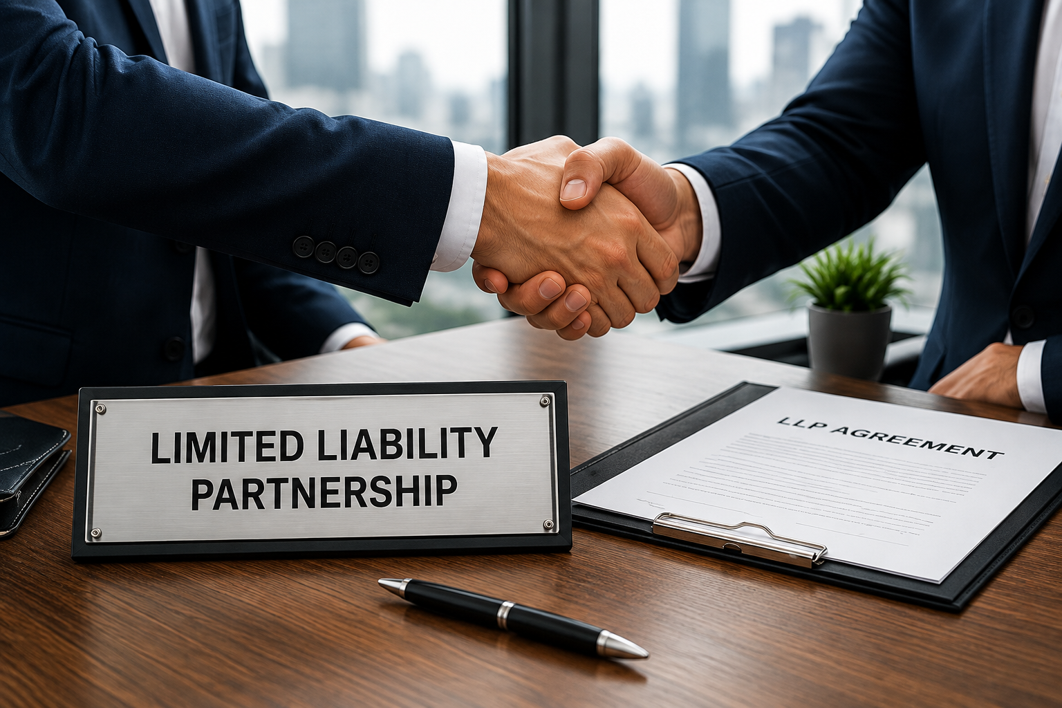 Business partners shaking hands while discussing an LLP agreement