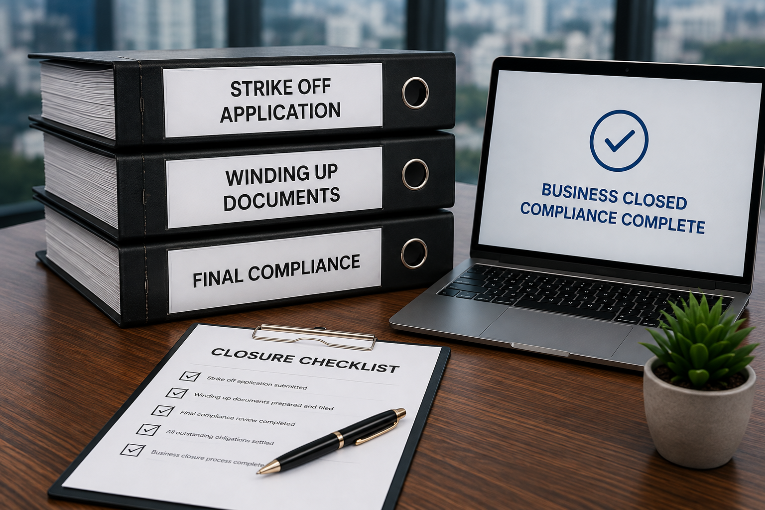 Company closure documents and compliance checklist in a professional office